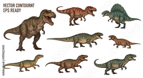 Collection of Realistic Dinosaur Illustrations on White Background.