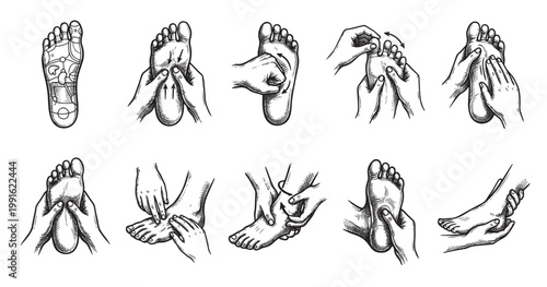 This illustrative graphic showcases various hand techniques for foot massage and reflexology, offering a visual guide to acupressure points and therapeutic touch for relaxation and well-being.