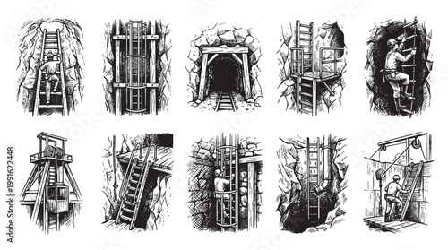 This collection of vintage illustrations showcases various aspects of the mining industry, featuring workers and equipment in action within subterranean environments.
