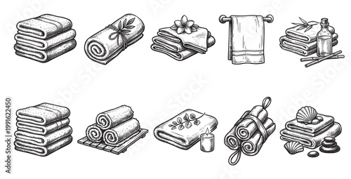 This hand-drawn illustration features various spa and massage elements including stacked and rolled towels, massage oil, bamboo sticks, a lit candle, and seashells.