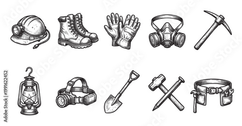 A hand-drawn collection of essential mining equipment and safety gear, including a helmet, boots, gloves, mask, pickaxe, lantern, and tool belt, perfect for industry-related concepts.