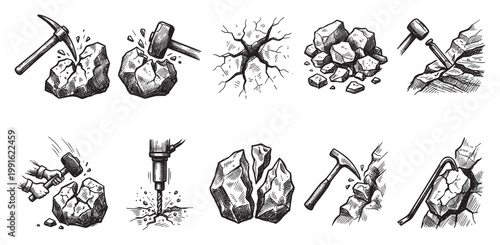 A collection of black and white hand-drawn illustrations depicting various tools breaking and cracking stones, conveying themes of hard work, construction, and geological processes.
