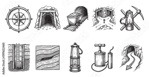 A vintage sketch collection of mining tools and scenes, including a compass, mine entrance, cart, lantern, pickaxe, mine shaft, geological layers, and dynamite.