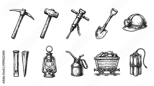A vintage-style illustration depicts a collection of essential mining tools and equipment, including a pickaxe, hammer, jackhammer, shovel, helmet, chisels, lantern, oil can, coal cart, and dynamite.