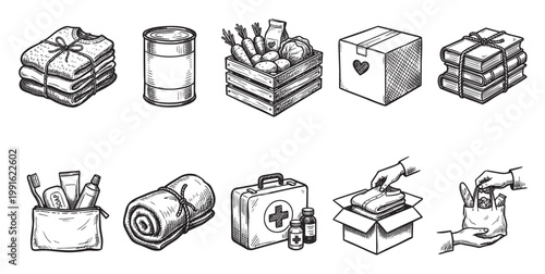 A black and white sketch style illustration featuring various items for charitable donation, including clothes, food, books, and medical supplies.