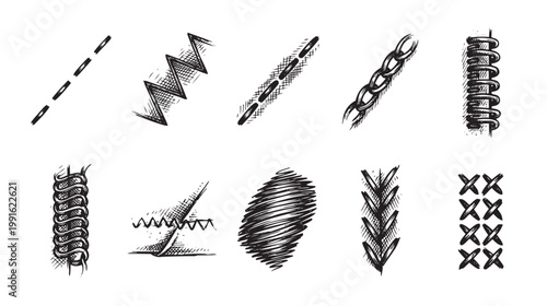 A collection of ten unique black and white hand-drawn stitch patterns, including dashed lines, zig-zags, chain stitches, and crosses, suitable for graphic design and textile concepts.