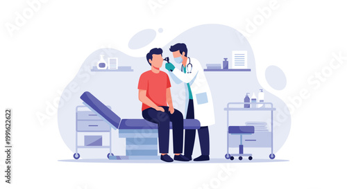 A medical professional wearing a surgical mask and gloves uses an otoscope to examine the ear of a male patient in a surgery with soft purple lighting.