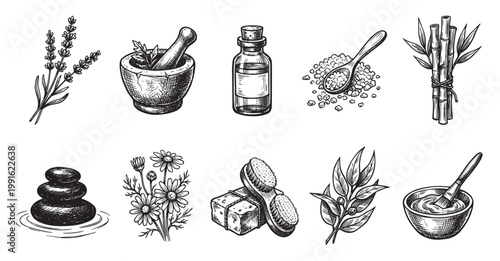 Collection of hand-drawn black and white illustrations depicting natural spa and beauty ingredients like lavender, herbs, essential oil, bath salts, bamboo, stones, flowers, soap, and mask.