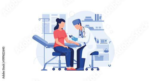 A dermatologist in a white coat and blue gloves uses a dermatoscope to examine a mole on a female patient's arm in a clinic with soft blue backgrounds.