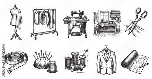 A black and white collection of illustrations depicting various items related to sewing, tailoring, and fashion design, including mannequins, sewing machines, and fabric.