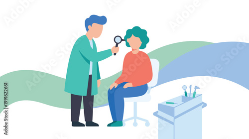 A doctor in a teal coat performs an ear examination on a seated patient using an otoscope against a soft blue background with vibrant wavy patterns.