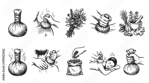A collection of hand-drawn illustrations depicting various stages of herbal compress massage, including preparing herbs and applying the compress to a person's body for relaxation and healing.