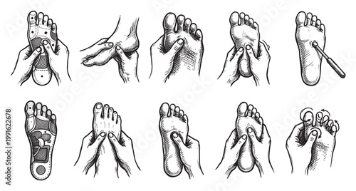 Hand-drawn illustration showing various foot massage techniques including acupressure points and reflexology zones, suitable for health and wellness content.