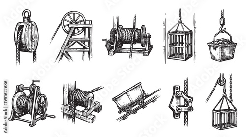 A vintage black and white illustration set showcases various antique mining equipment like pulleys, winches, and carts, evoking industrial history and heavy labor.