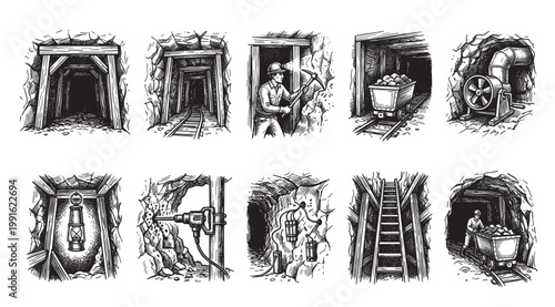 This black and white sketch collage depicts various aspects of coal mining, including mine entrances, miners, tools, carts, and equipment, in a vintage illustration style.
