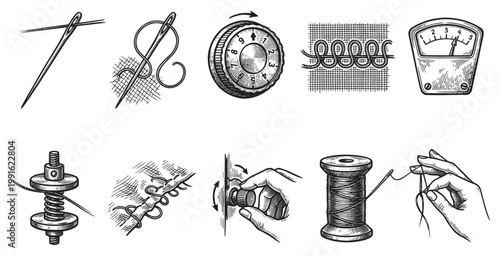 A vintage-style black and white collage of ten different sewing and tailoring elements, including needles, thread spools, and machine parts, rendered in a hand-drawn sketch style.