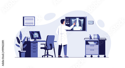 An expert radiologist standing in a modern clinical office carefully analyzes a detailed chest X-ray displayed on a large monitor with a cool blue lighting motif.