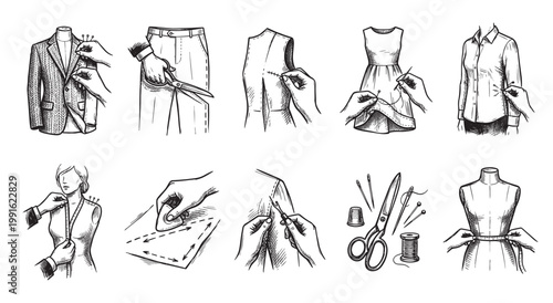 A collection of hand-drawn illustrations depicting various tailoring and sewing processes, showcasing fashion design, garment construction, and fitting.