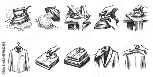 A vintage hand-drawn illustration depicts various stages of ironing clothes, from steam to folded shirts and a suit jacket.