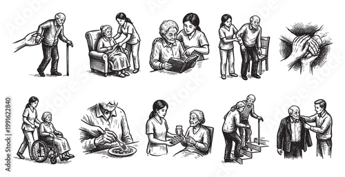 A collection of line art illustrations depicts various scenarios of caregivers assisting elderly individuals with daily activities, highlighting compassion and support.