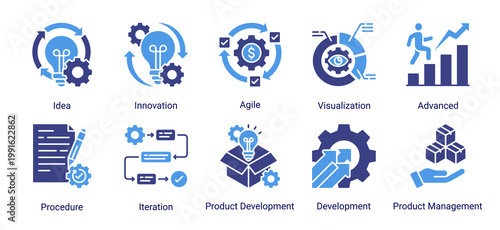 Creative icon set representing innovation,development processes,and agile methodologies for modern business and digital projects.