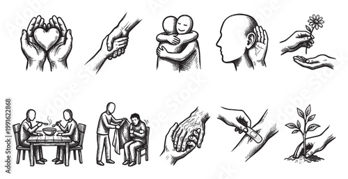Collection of hand-drawn illustrations depicting gestures of kindness, compassion, charity, and healthcare, symbolizing support and growth in various situations.