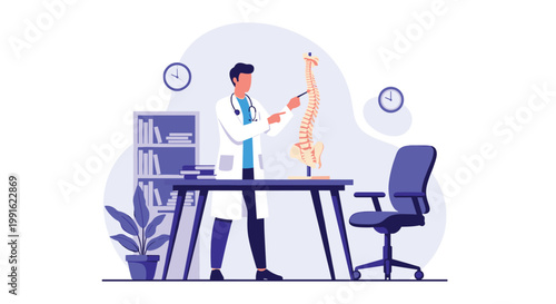 A specialized orthopedic physician meticulously examines a detailed anatomical model of the human spine in a clean medical office with a bright and airy color motif.