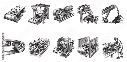 This detailed sketch depicts various stages of coal processing using conveyor belts, crushers, and machinery, with a worker overseeing the operation.