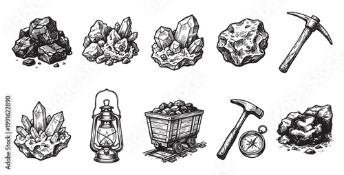 A hand-drawn collection of vintage mining illustrations including crystals, coal, pickaxe, hammer, lantern, cart, and compass for a prospecting theme.