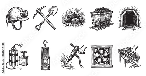 A hand-drawn set of vintage coal mining tools and elements including a helmet, pickaxe, shovel, coal, cart, tunnel, dynamite, lamp, jackhammer, fan, and sieve.