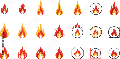 Fire Flame Icon Set with Burning Heat Blaze Symbols for Danger Warning Energy Power and Hot Temperature Design Elements for Apps and Graphics.