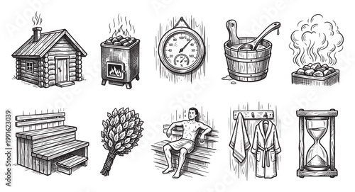 A black and white sketch of various sauna elements including a log cabin, stove, thermometer, bucket, whisk, bench, bathrobe, and hourglass, suitable for wellness or relaxation concepts.