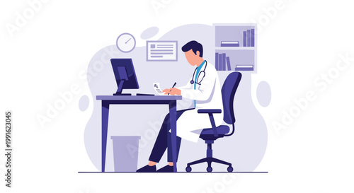 A professional physician sitting at a clean office desk carefully writes a medical prescription for a patient in a clinic with a serene and purple color motif.