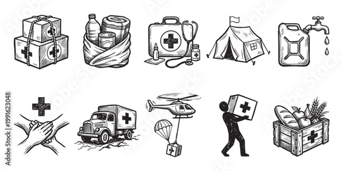 A set of hand-drawn black and white icons depicting various elements of humanitarian aid and medical support, including supplies, transportation, and healthcare.