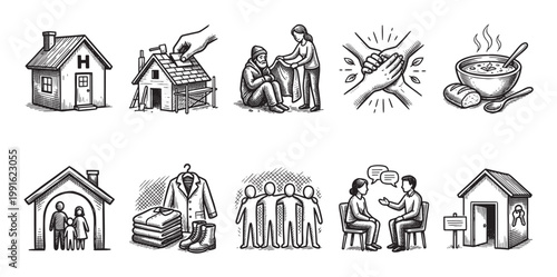 A set of line art illustrations depicting various acts of charity, kindness, and support, including housing, food, and community.