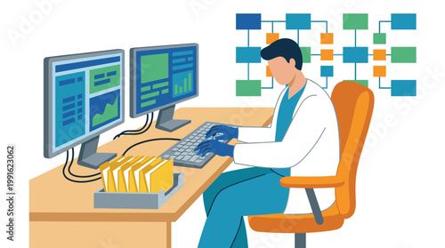 A highly focused medical researcher sits at a spacious desk while analyzing complex health data across multiple large monitors with a vibrant digital color motif.