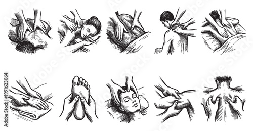 This black and white sketch collection illustrates various massage techniques, focusing on hands providing therapy for back, foot, neck, face, and shoulder.