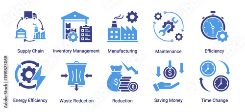 Industrial-focused icon set for operations,logistics,and efficiency improvement.Ideal for manufacturing,lean management,and process optimization projects.
