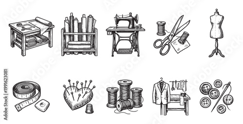 A charming hand-drawn illustration featuring various sewing and tailoring tools and materials, perfect for design projects related to fashion and crafts.