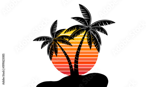 Retro 80s Style Sunset Silhouette with Palm Trees on Tropical Island Paradise Vintage Striped Sun Graphic for Summer Apparel Design and T-shirt Prints Isolated on White