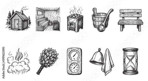 Collection of hand-drawn sauna elements including a log cabin, interior, heater, bucket, bench, steam, whisk, thermometer, hat, towel, and hourglass.