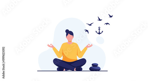 A serene woman wearing a bright yellow sweater practices mindful meditation in a peaceful lotus pose in a minimalist setting with a soft and light color motif.