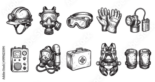 A hand-drawn collection of safety equipment including a hard hat, gas masks, goggles, gloves, and a first aid kit, rendered in a classic black and white sketch style.