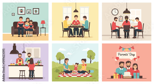 Set of diverse family activities and leisure time scenes.