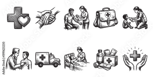 A set of hand-drawn black and white sketch icons depicting various aspects of healthcare, including medical symbols, patient care, and emergency services.