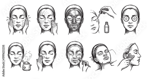 A set of charming black and white hand-drawn illustrations showing a woman performing various facial skincare steps, from cleansing to applying masks and serums.