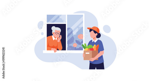 A helpful delivery worker in a bright blue uniform provides a box of fresh vegetables to an elderly woman in a setting with a soft and friendly blue color motif.
