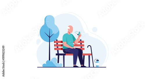 A senior man sitting on a wooden park bench uses a blue medical inhaler to manage his breathing in an outdoor setting with a soft and natural blue color motif.