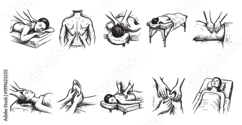 Set of line art illustrations depicting various massage techniques and treatments, conveying relaxation and wellness for body and mind.