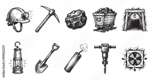 A black and white illustration collection of mining equipment including a hard hat, pickaxe, coal, mine cart, lantern, shovel, dynamite, drill, and ventilation fan.